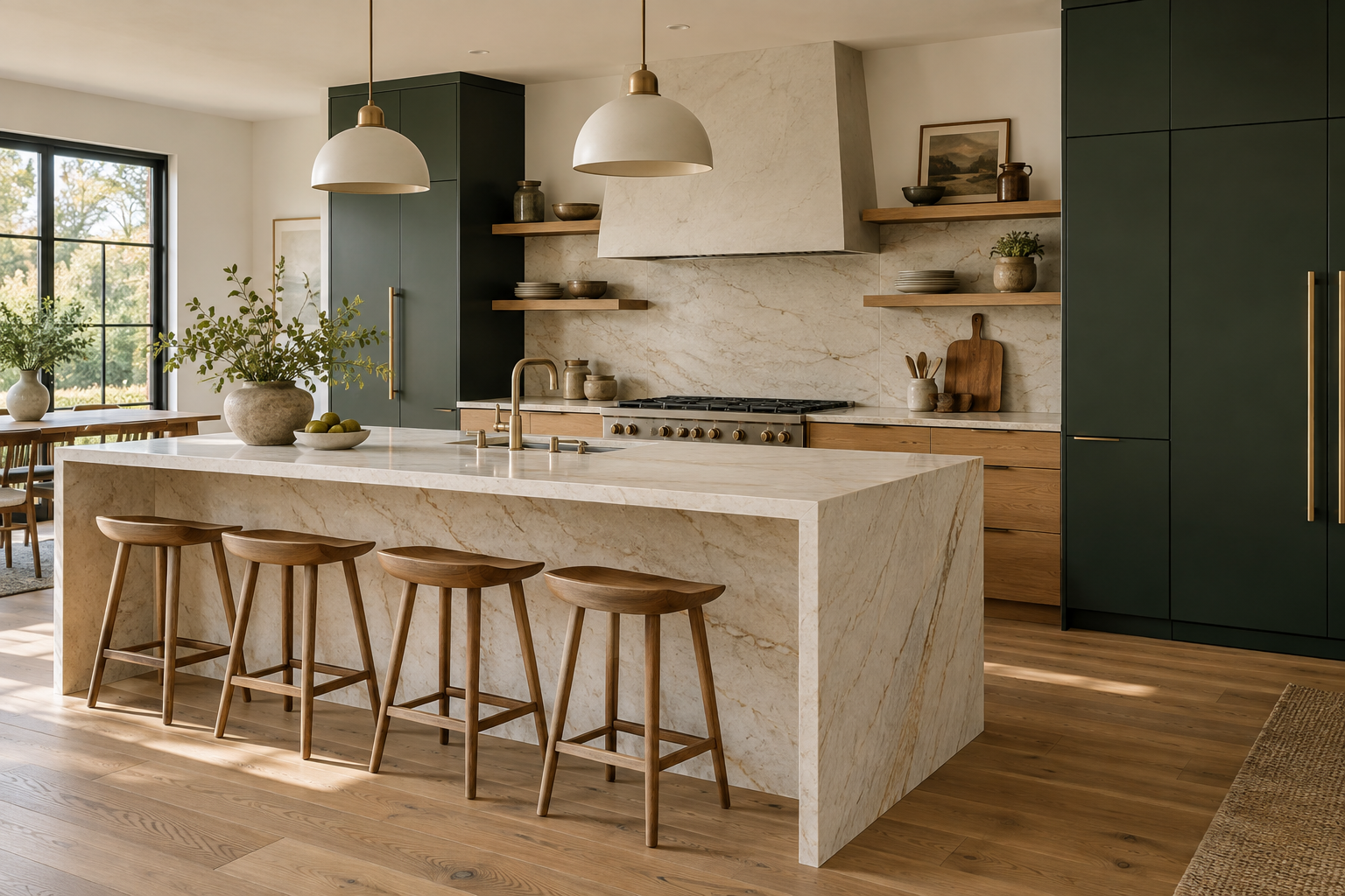 Kitchen design inspiration with oak cabinetry, natural stone and deep green accents