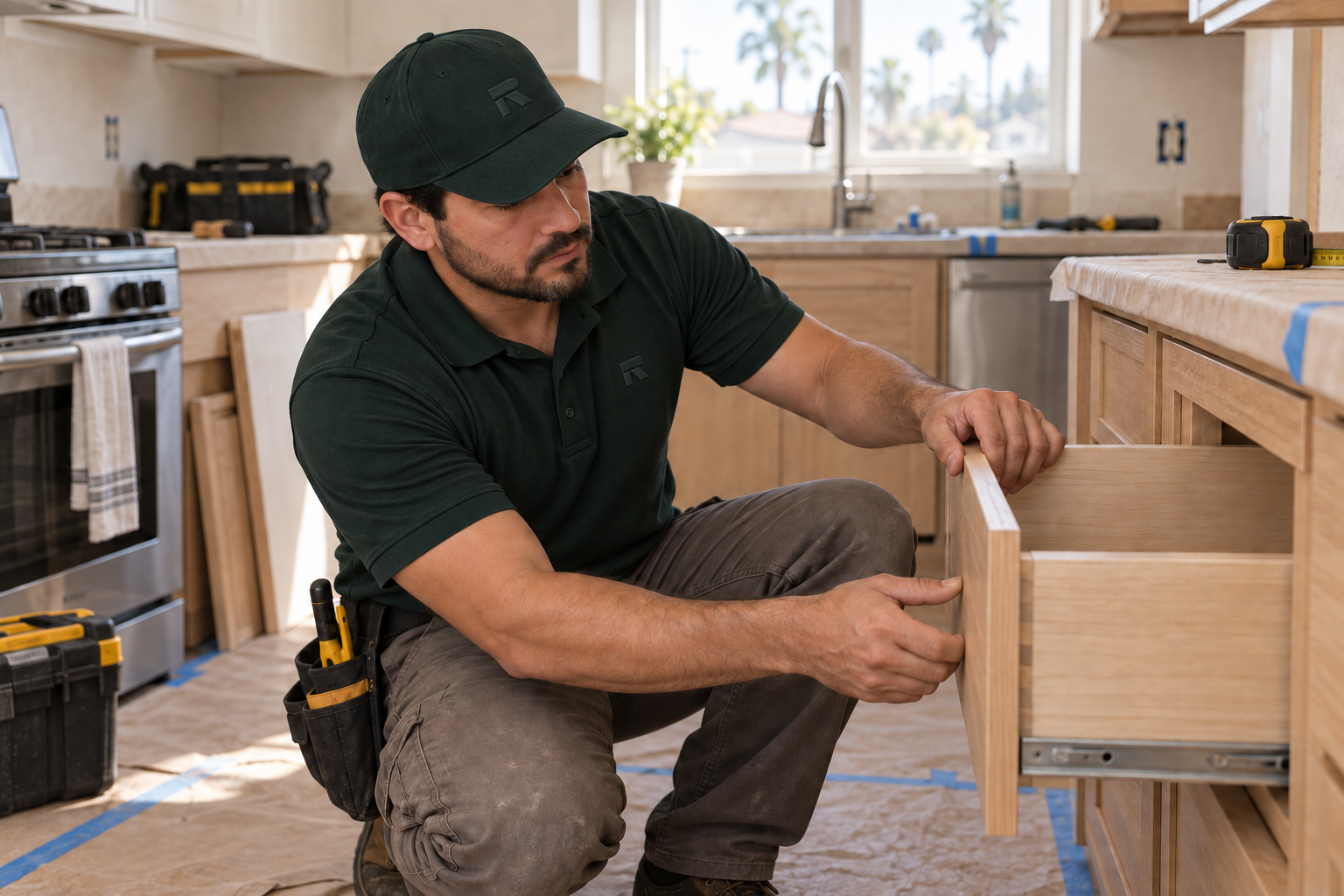Illustrative carpenter fitting an oak kitchen drawer, wearing an ink-colored Renova polo and cap with tonal R embroidery