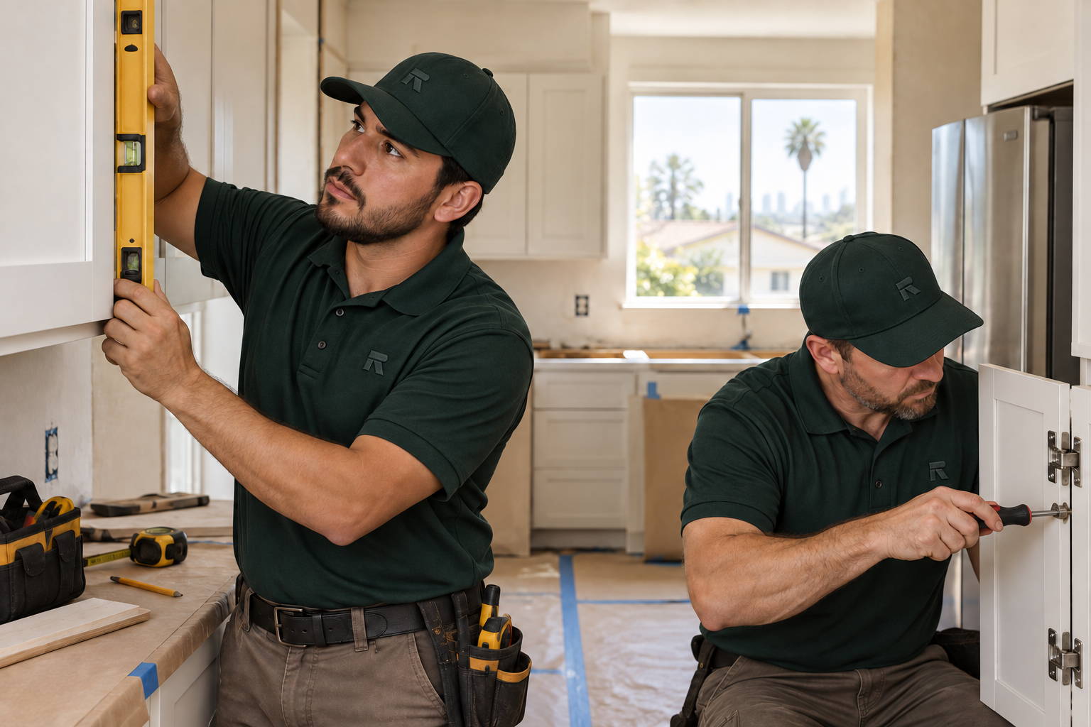 Illustrative installers working on cabinetry in an ordinary Los Angeles kitchen, wearing ink-colored polos and caps with matching tonal Renova R embroidery