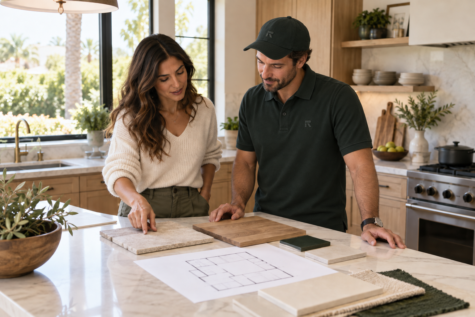 Homeowner discussing kitchen plans and material samples with a Renova sales specialist