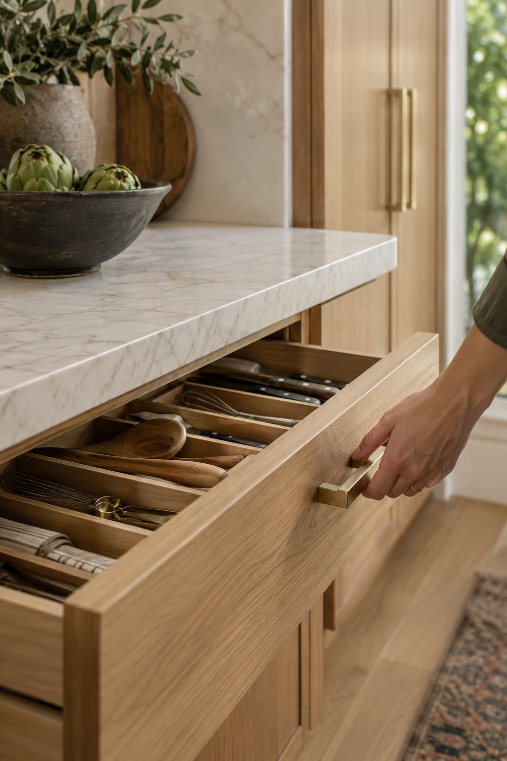 Design detail of an oak drawer and organized utensils beneath a stone countertop